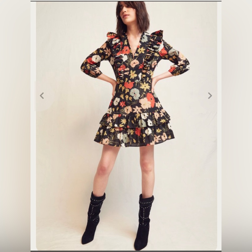 Warm NY Black Multicolor Ruffle Floral Mini Brianna Dress Size 0 NWT
